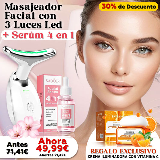 🌸 Masajeador LED + Sérum 4 en 1 + Crema Blanqueadora con Vitamina C (GRATIS)